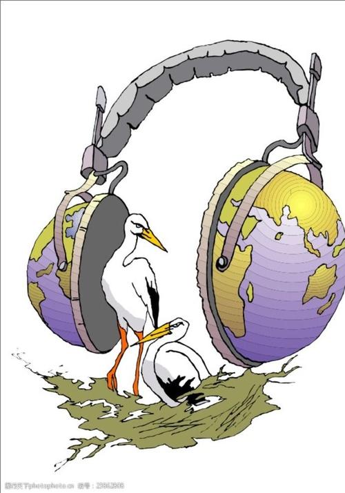 鸟 耳机 鸟类 矢量鸟 矢量耳机 地球 戴耳机 卡通图 设计 动漫动画